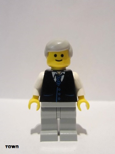 lego 2007 mini figurine twn041 Citizen Black Vest with Blue Striped Tie, Light Bluish Gray Legs, White Arms, Light Bluish Gray Male Hair, Smile 