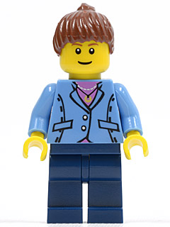 lego 2007 mini figurine twn044 Citizen Medium Blue Jacket, Dark Blue Legs, Reddish Brown Ponytail Hair 