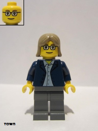 lego 2007 mini figurine twn045 Citizen Dark Blue Jacket, Light Blue Shirt, Dark Bluish Gray Legs, Square Glasses, Dark Tan Female Hair 