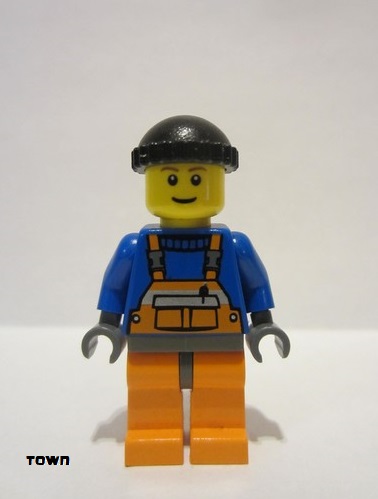 lego 2008 mini figurine cty0238 Citizen Overalls with Safety Stripe Orange, Orange Legs and Dark Bluish Gray Hips, Black Knit Cap 