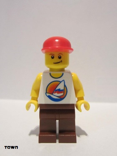 lego 2008 mini figurine gen024 Surfboard on Ocean Reddish Brown Legs, Red Cap 