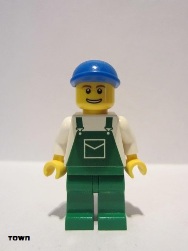 lego 2008 mini figurine ovr040 Citizen Overalls Green with Pocket, Green Legs, Blue Cap, Thin Grin with Teeth Salopette verte avec poche, jambes vertes, bonnet bleu, sourire mince avec dents