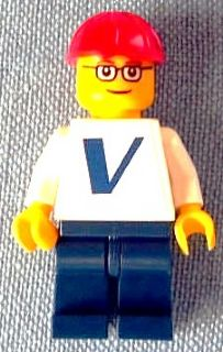 lego 2008 mini figurine pln155s Citizen Plain White Torso with Vestas Logo (Sticker) with White Arms, Dark Blue Legs, Red Construction Helmet, Glasses 