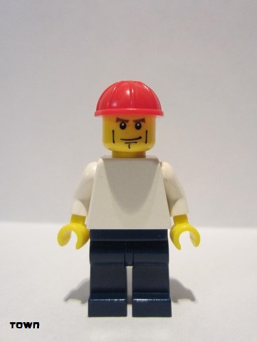 lego 2008 mini figurine pln156 Citizen Plain White Torso with White Arms, Dark Blue Legs, Red Construction Helmet, Vertical Cheek Lines 