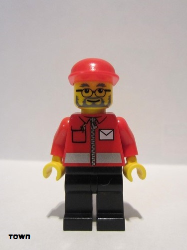 lego 2008 mini figurine post006 Post Office White Envelope and Stripe, Black Legs, Red Cap, Beard and Glasses 