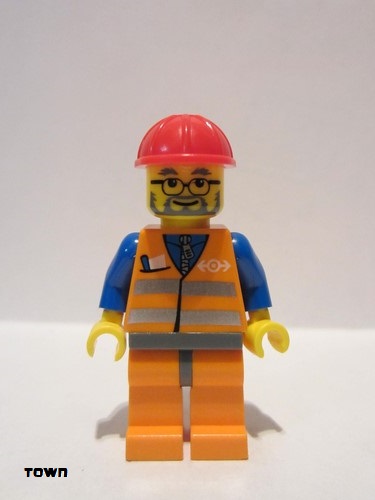 lego 2008 mini figurine trn143 Citizen Orange Vest with Safety Stripes - Orange Legs and Dark Bluish Gray Hips, Red Construction Helmet, Dark Bluish Gray Beard, Glasses 