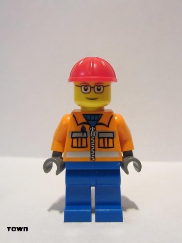 lego 2009 mini figurine cty0110 Construction Worker Orange Zipper, Safety Stripes, Orange Arms, Blue Legs, Red Construction Helmet, Brown Eyebrows, Glasses 