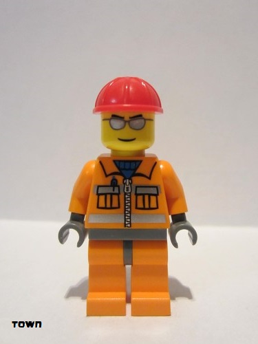 lego 2009 mini figurine cty0125 Construction Worker Orange Zipper, Safety Stripes, Orange Arms, Orange Legs, Dark Bluish Gray Hips, Red Construction Helmet, Silver Sunglasses Fermeture éclair orange, bandes de sécurité, bras orange, jambes orange, hanches gris bleuté foncé, casque de chantier rouge, lunettes de soleil argentées