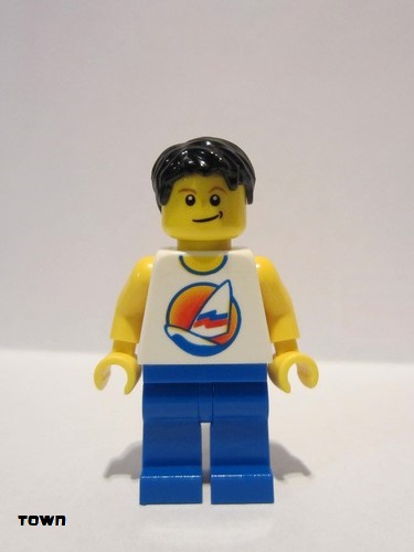 lego 2009 mini figurine cty0144 Surfboard on Ocean Blue Legs, Black Short Tousled Hair, Crooked Smile 