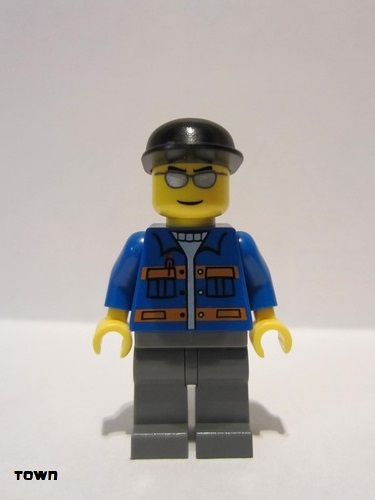 lego 2009 mini figurine cty0150 Citizen Blue Jacket with Pockets and Orange Stripes, Dark Bluish Gray Legs, Black Cap, Silver Sunglasses 