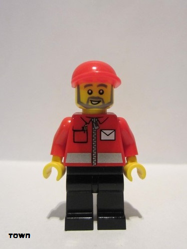 lego 2009 mini figurine post008 Post Office White Envelope and Stripe, Black Legs, Red Short Bill Cap, Gray Beard 