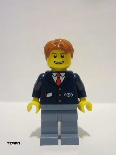 lego 2009 mini figurine trn146 Conductor Dark Blue Suit with Train Logo, Sand Blue Legs, Dark Orange Hair 