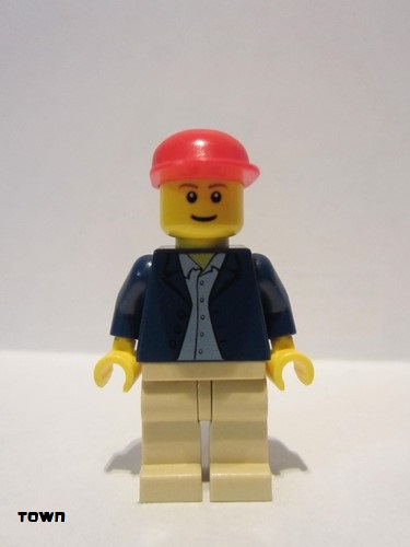 lego 2009 mini figurine twn047 Citizen Dark Blue Jacket, Light Blue Shirt, Tan Legs, Red Long Bill Cap 