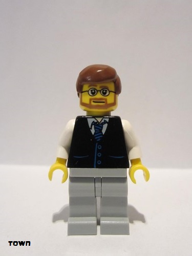 lego 2009 mini figurine twn048 Citizen Black Vest with Blue Striped Tie, Light Bluish Gray Legs, White Arms, Reddish Brown Male Hair, Beard and Glasses 