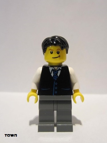 lego 2009 mini figurine twn049 Citizen Black Vest with Blue Striped Tie, Dark Bluish Gray Legs, White Arms, Black Short Tousled Hair 