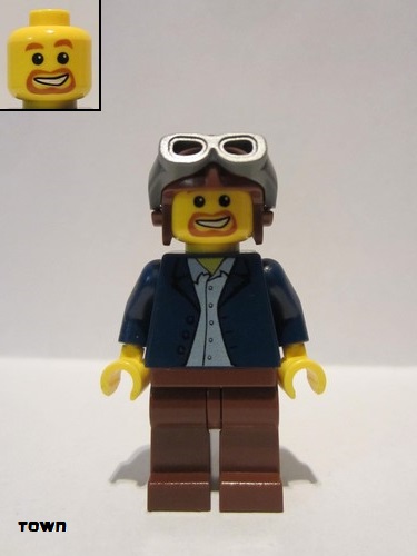 lego 2009 mini figurine twn050 Citizen Dark Blue Jacket, Light Blue Shirt, Reddish Brown Legs, Aviator Cap and Goggles 