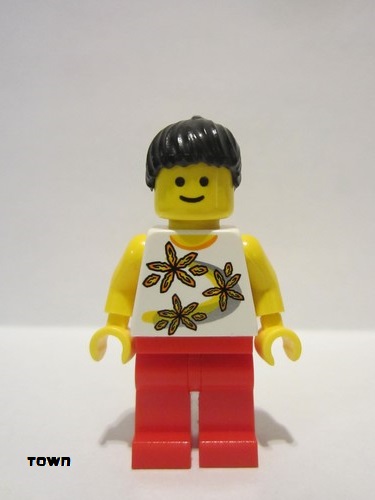 lego 2009 mini figurine twn082 Citizen Yellow Flowers - Black Ponytail Hair, Red Legs 