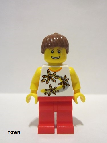 lego 2009 mini figurine twn141 Citizen Yellow Flowers - Reddish Brown Ponytail Hair, Red Legs 