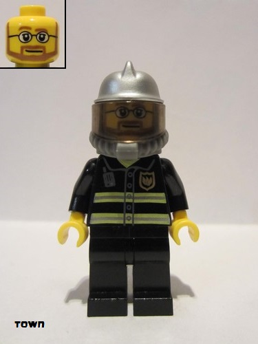 lego 2010 mini figurine cty0057 Fire Reflective Stripes, Black Legs, Silver Fire Helmet, Beard and Glasses, Yellow Airtanks 