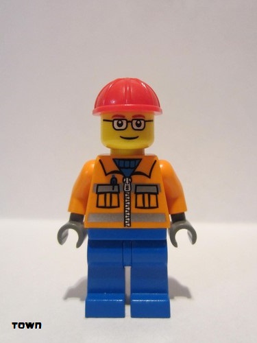 lego 2010 mini figurine cty0110a Construction Worker Orange Zipper, Safety Stripes, Orange Arms, Blue Legs, Red Construction Helmet, Red Eyebrows, Glasses 