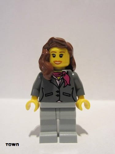 lego 2010 mini figurine cty0169 Citizen Dark Bluish Gray Jacket with Magenta Scarf, Light Bluish Gray Legs, Reddish Brown Female Hair over Shoulder, Peach Lips 