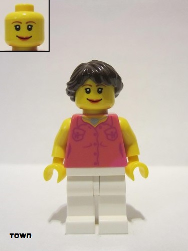 lego 2010 mini figurine cty0181 Citizen Dark Pink Vest and Heart Necklace, White Legs, Dark Brown Hair Ponytail Long French Braided 