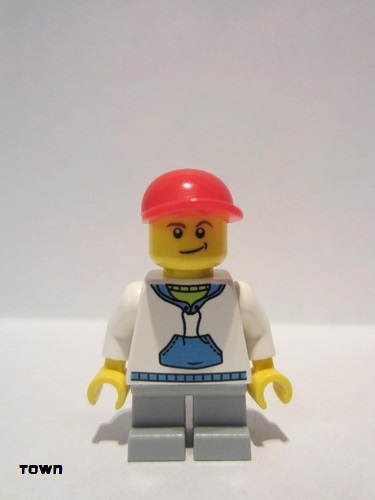 lego 2010 mini figurine cty0184 Citizen White Hoodie with Blue Pockets, Light Bluish Gray Short Legs, Red Short Bill Cap 