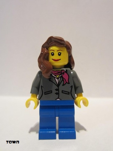 lego 2010 mini figurine cty0185 Citizen Dark Bluish Gray Jacket with Magenta Scarf, Blue Legs, Reddish Brown Female Hair over Shoulder 