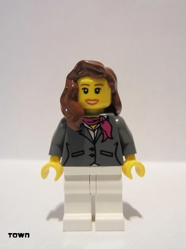 lego 2010 mini figurine cty0187 Citizen Dark Bluish Gray Jacket with Magenta Scarf, White Legs, Reddish Brown Female Hair over Shoulder 