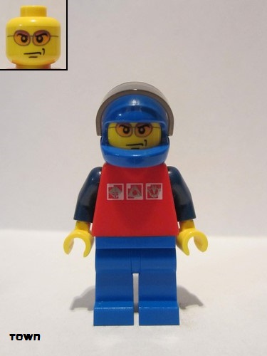 lego 2010 mini figurine cty0196 Citizen Red Shirt with 3 Silver Logos, Dark Blue Arms, Blue Legs, Blue Helmet, Orange Sunglasses 