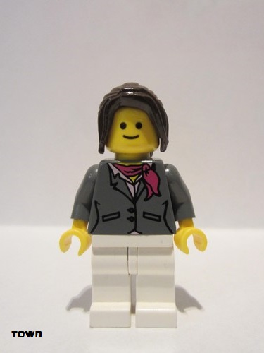 lego 2010 mini figurine twn100 Citizen Dark Bluish Gray Jacket with Magenta Scarf, White Legs, Dark Brown Hair Ponytail Long with Side Bangs 