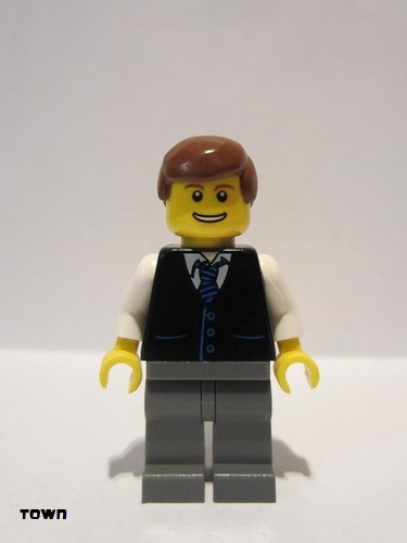 lego 2010 mini figurine twn108 Citizen Black Vest with Blue Striped Tie, Dark Bluish Gray Legs, White Arms, Reddish Brown Male Hair 