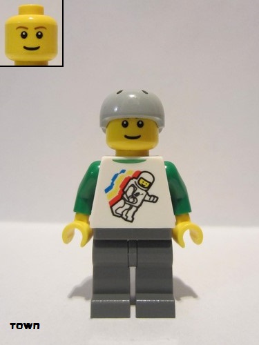 lego 2010 mini figurine twn113 Citizen Classic Space Minifigure Floating Pattern, Dark Bluish Gray Legs, Sports Helmet 