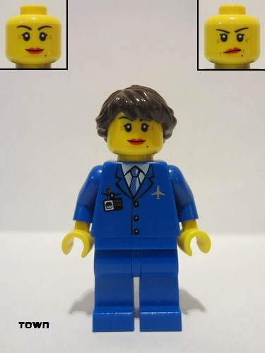 lego 2011 mini figurine air047 Airport Blue 3 Button Jacket & Tie, Dark Brown Hair Ponytail Long French Braided 