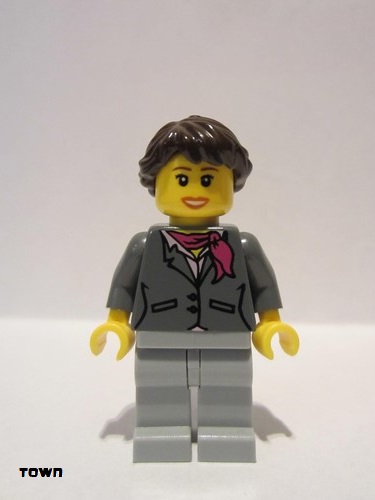 lego 2011 mini figurine cty0220 Citizen Dark Bluish Gray Jacket with Magenta Scarf, Light Bluish Gray Legs, Dark Brown Hair Ponytail Long French Braided, Brown Eyebrows 