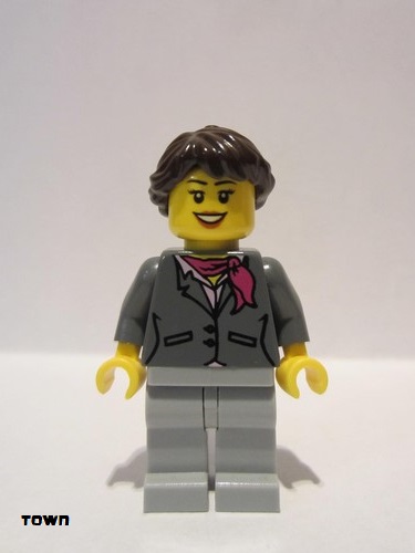 lego 2011 mini figurine cty0220a Citizen Dark Bluish Gray Jacket with Magenta Scarf, Light Bluish Gray Legs, Dark Brown Hair Ponytail Long French Braided, Black Eyebrows 