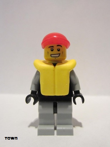 lego 2011 mini figurine cty0236 Lifeguard Leather Jacket with Zipper, Red Lines and Logo Pattern, Life Jacket, Red Short Bill Cap 