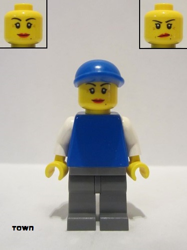 lego 2011 mini figurine pln116 Citizen Plain Blue Torso with White Arms, Dark Bluish Gray Legs, Blue Short Bill Cap, Female Dual Sided Head 