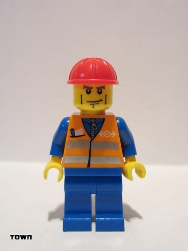 lego 2011 mini figurine trn231 Citizen Orange Vest with Safety Stripes - Blue Legs, Brown Eyebrows and Cheek Lines, Red Construction Helmet 