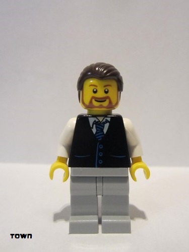 lego 2011 mini figurine twn135 Citizen Black Vest with Blue Striped Tie, Light Bluish Gray Legs, White Arms, Dark Brown Hair, Brown Beard Rounded 