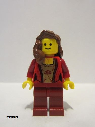 lego 2011 mini figurine twn137 Citizen Female Corset with Gold Panel Front and Lace Up Back Pattern, Dark Red Legs, Reddish Brown Female Hair over Shoulder 