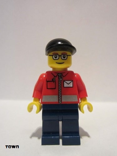 lego 2011 mini figurine twn145 Postman Post Office White Envelope and Stripe, Dark Blue Legs, Black Short Bill Cap 