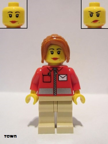 lego 2011 mini figurine twn146 Postwoman Post Office White Envelope and Stripe, Tan Legs, Dark Orange Ponytail Long with Side Bangs 