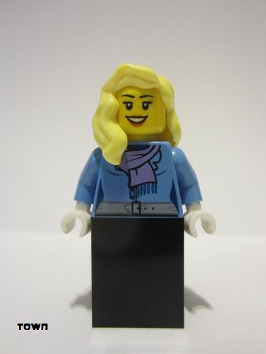 lego 2011 mini figurine twn147 Citizen Medium Blue Jacket with Light Purple Scarf, Black Skirt, Bright Light Yellow Female Hair over Shoulder 