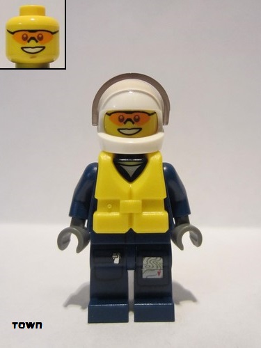 lego 2012 mini figurine cty0277 Helicopter Pilot Dark Blue Flight Suit with Badge, Helmet, Life Jacket Center Buckle, Orange Sunglasses 