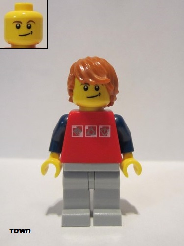 lego 2012 mini figurine cty0312 Citizen Red Shirt with 3 Silver Logos, Dark Blue Arms, Light Bluish-Gray Legs, Dark Orange Hair 