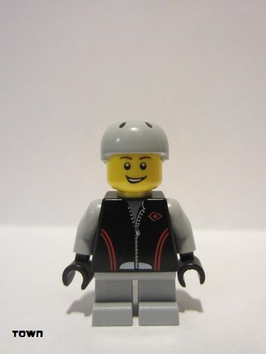 lego 2012 mini figurine cty0332 Citizen Leather Jacket with Zipper, Red Lines and Logo Pattern, Light Bluish Gray Short Legs, Light Bluish Gray Sports Helmet 