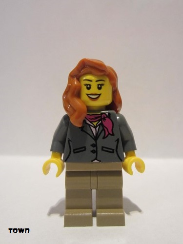 lego 2013 mini figurine cty0370 Citizen Dark Bluish Gray Jacket with Magenta Scarf, Dark Tan Legs, Dark Orange Female Hair over Shoulder 