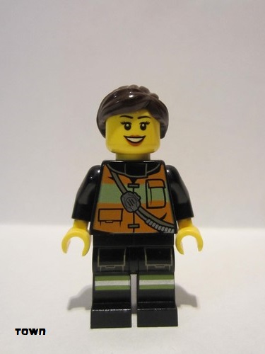 lego 2013 mini figurine cty0379 Fire Reflective Stripe Vest with Pockets and Shoulder Strap, Dark Brown Ponytail and Swept Sideways Fringe 