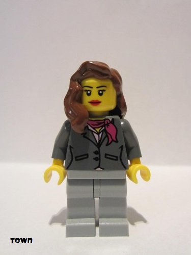 lego 2013 mini figurine cty0419 Citizen Dark Bluish Gray Jacket with Magenta Scarf, Light Bluish Gray Legs, Reddish Brown Female Hair over Shoulder, Red Lips 